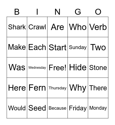 Spelling Words Bingo Card