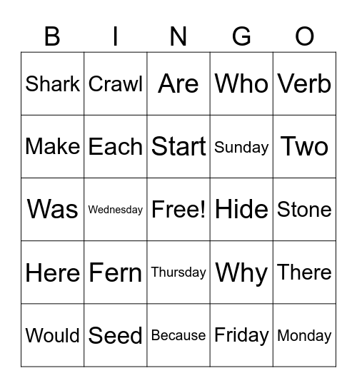 Spelling Words Bingo Card