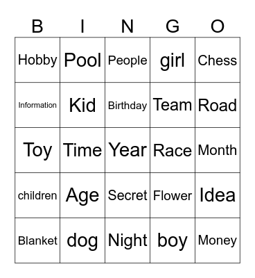Nouns Bingo Card