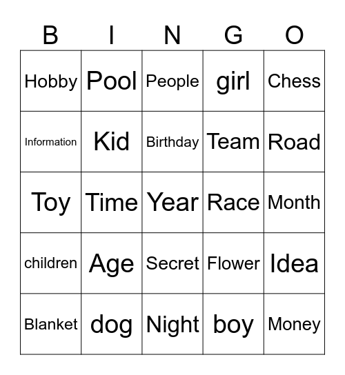 Nouns Bingo Card