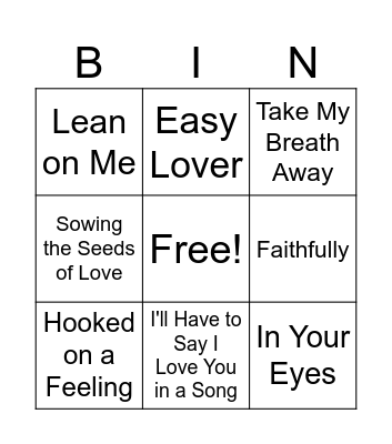 70's and 80's Love Songs Bingo Card