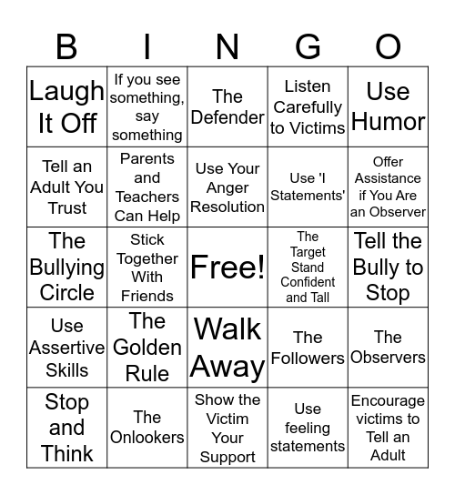 Bully Prevention BINGO: It stops With Me! Bingo Card