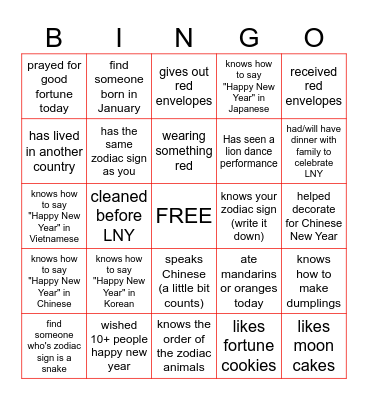 Lunar New Year Bingo (find someone who...) Bingo Card
