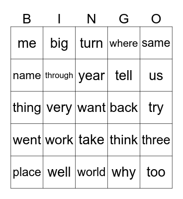 Fry's 100 Sight Words (T to Y) Bingo Card