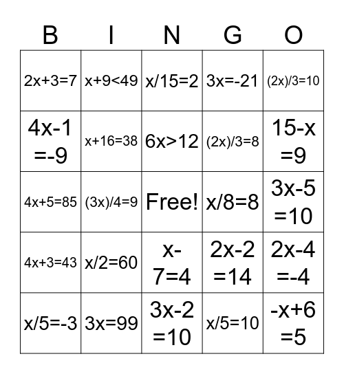 Equations Bingo Card