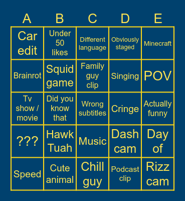 YT Shorts Bingo Card