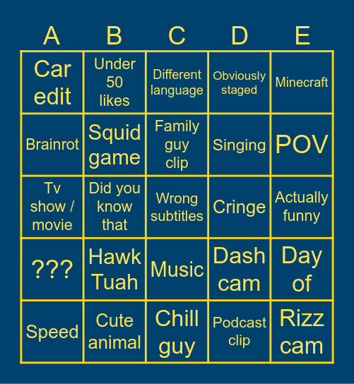 YT Shorts Bingo Card
