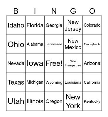 USA States Bingo Card