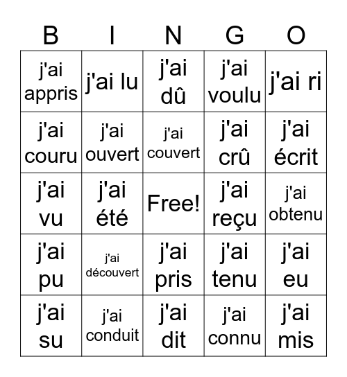 10.0-irregular past participles with avoir Bingo Card