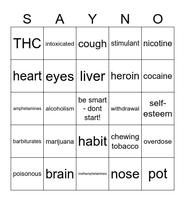 DRUG FREE BINGO Card