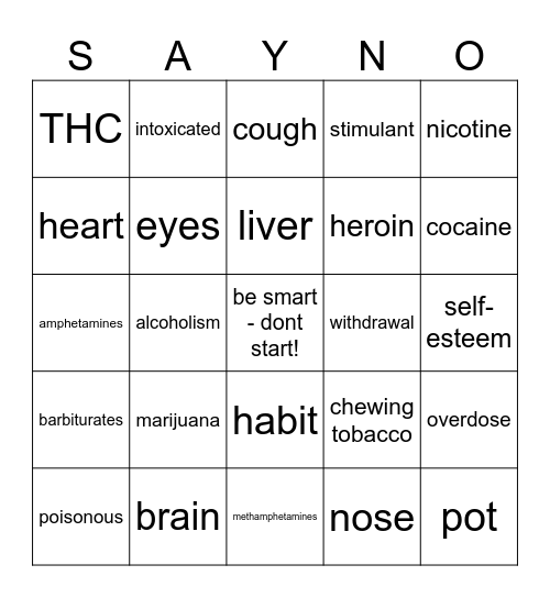 DRUG FREE BINGO Card