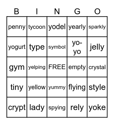 Sounds of Y Bingo Card