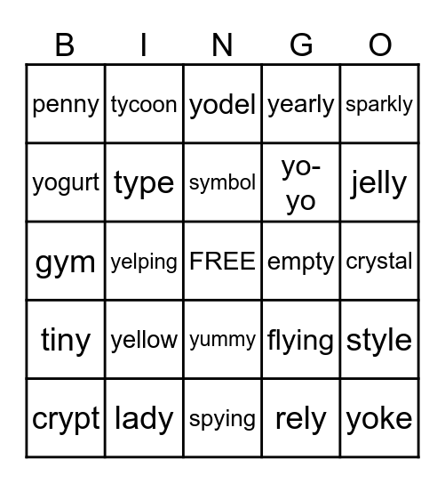 Sounds of Y Bingo Card