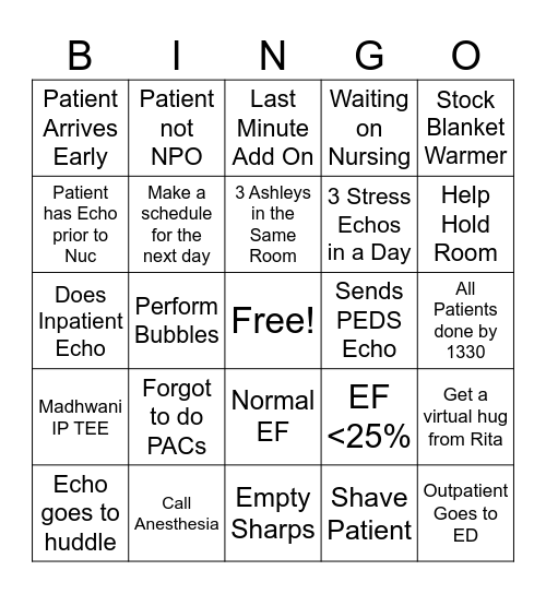 Non-Invasive / Echo Bingo Card