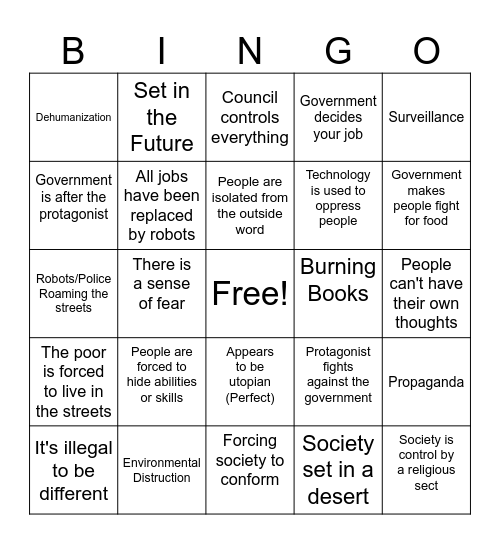 Dystopian Bingo Card