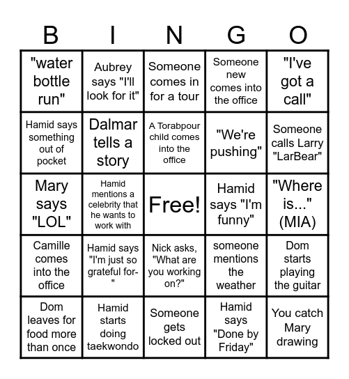 Winter State Entertainment Bingo Card