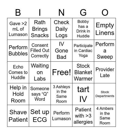 Cardiac Services Bingo Card