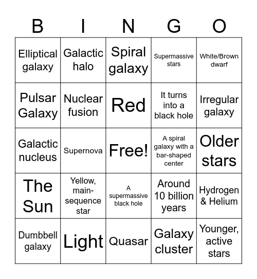Stars and Galaxy Bingo!! Bingo Card
