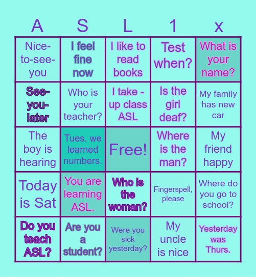 TTCS ASL 1 Fun Phrase Practice Bingo Card