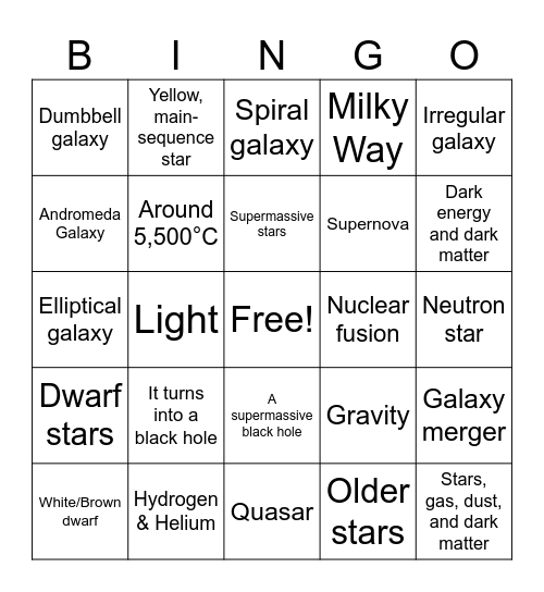 Stars and Galaxy Bingo!! Bingo Card