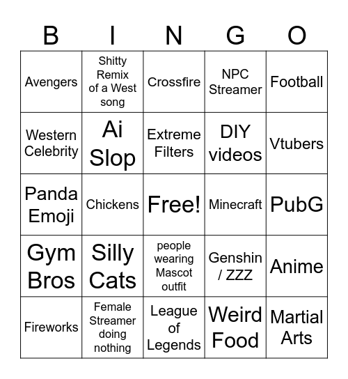 Chinese Bingo +20 Bingo Card