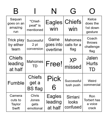 SUPERBOWL LIX CHIEF-PEAT Bingo Card