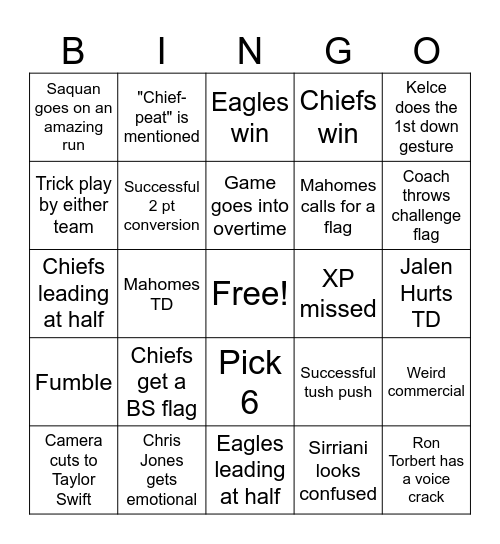 SUPERBOWL LIX CHIEF-PEAT Bingo Card