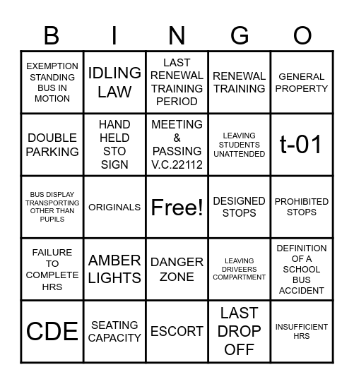 SCHOOL BUS KNOWLEDGE Bingo Card