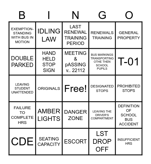 SCHOOL BUS KNOWLEDGE Bingo Card