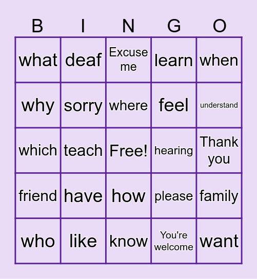 TTCS ASL 1 WH etc. Bingo Card