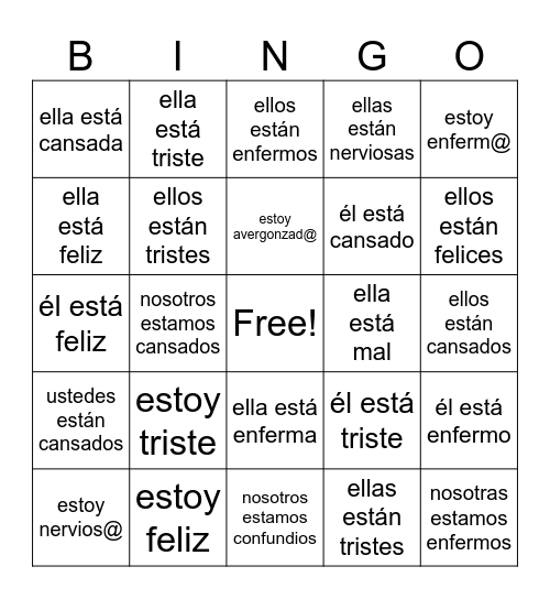 ESTAR con emociones Bingo Card