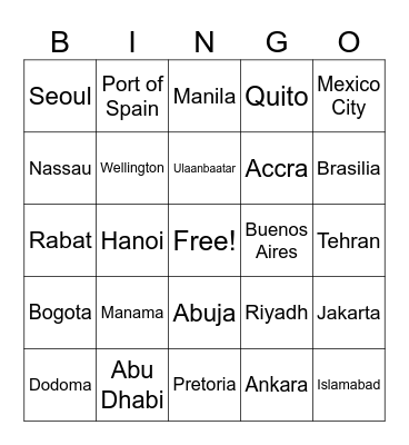 Capital Cities Bingo Card