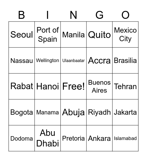 Capital Cities Bingo Card