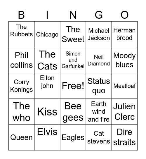 Muziek jaren 60/70/80 Bingo Card
