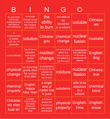 New Year Science Match Bingo Card