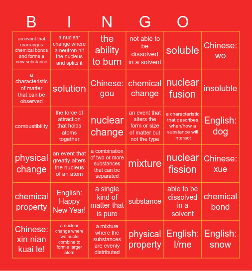 New Year Science Match Bingo Card