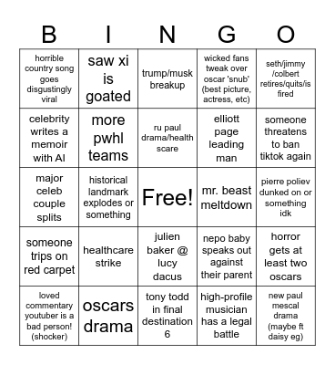 2025 pop culture bingo Card