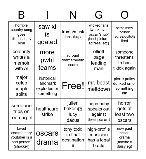 2025 pop culture bingo Card
