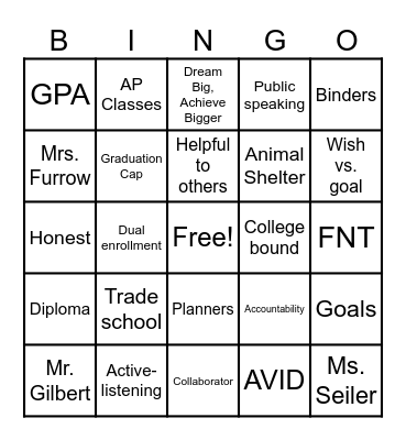 AVID Bingo Card