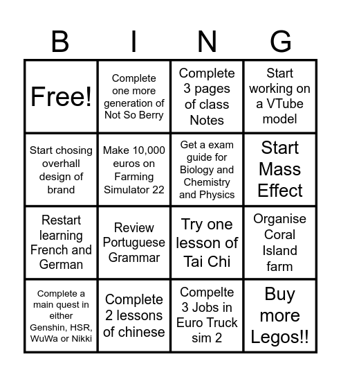 To Do Bingo Card