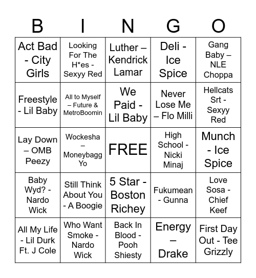Hip-Hop Bingo Card