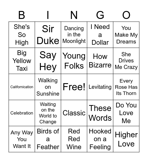 Music Bingo Round 1 Bingo Card