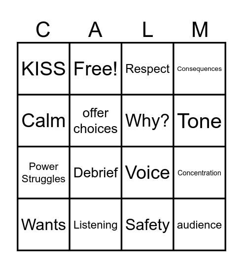 De Escalation Skills Bingo Card