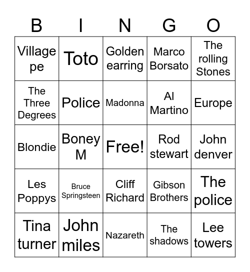 Muziek jaren 60/70/80 Bingo Card