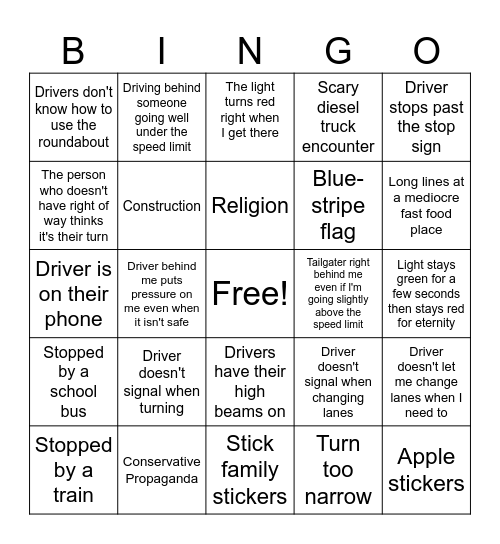 The Utah Driving Experience Bingo Card