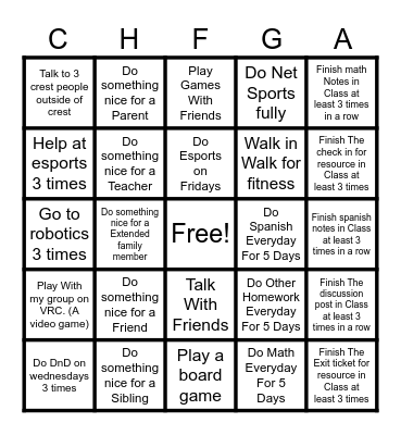 Creast Bingo Card