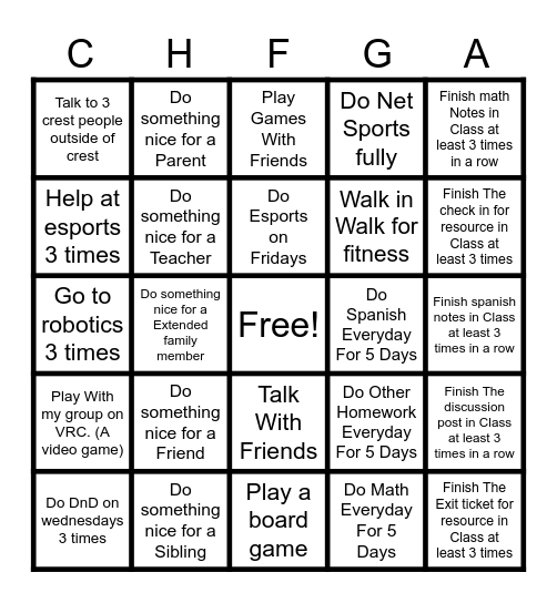 Creast Bingo Card