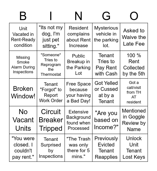 Property Management Bingo Card