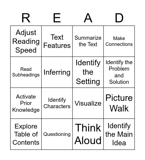 Reading Strategies Bingo Card