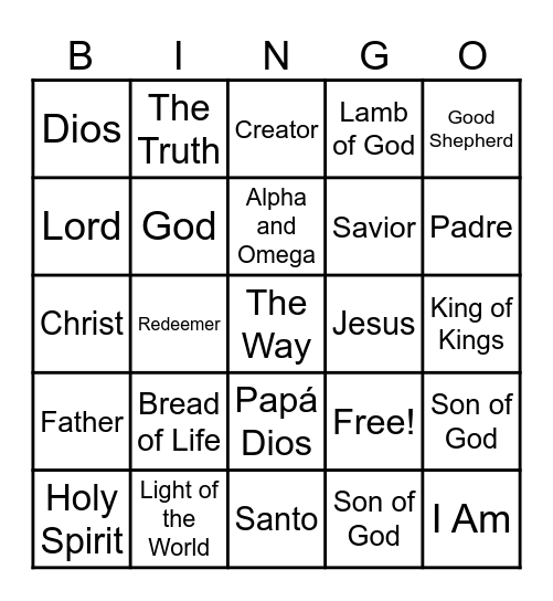 Different Names of Jesus Bingo Card